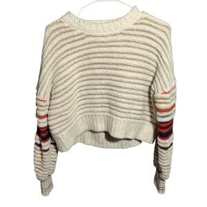 GILDED INTENT Women's M Cream Striped Cropped Pullover Sweater Chenille Knit